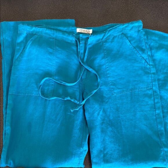 Original Collection Linen Teal Cropped Pants patch pockets size medium - Picture 1 of 11